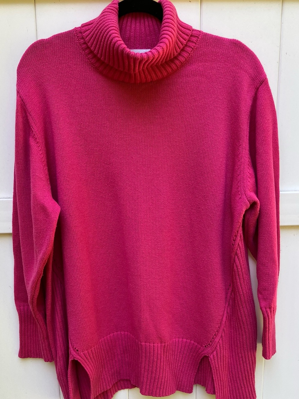 Cotton and merino boutique cowl neck sweater in fuschia by Noen